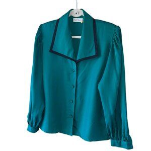 Frank Young Vintage Womens Blouse Size 10 Green Twill Collared Pure Silk